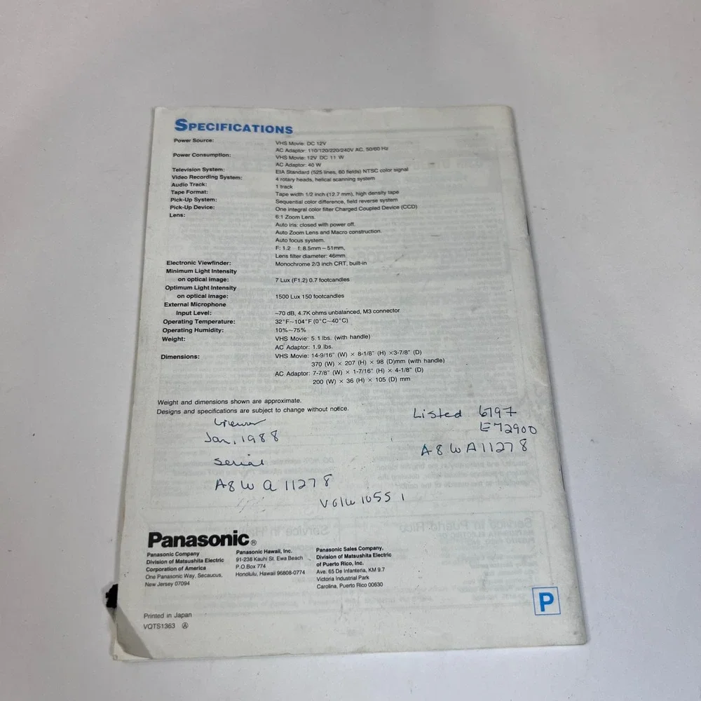 UNTESTED Panasonic OmniMovie VHS HQ Camcorder‎ PV-320 VTG Video Camera with Case